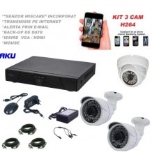  Kit supraveghere video AKU 3 camere 1200TVL 1280x960 pixeli + DVR 4 canale FULL HD 1080N H264, interior exterior carcase metalice GIGANT, iesire internet cu vizualizare pe telefon mobil tableta desktop